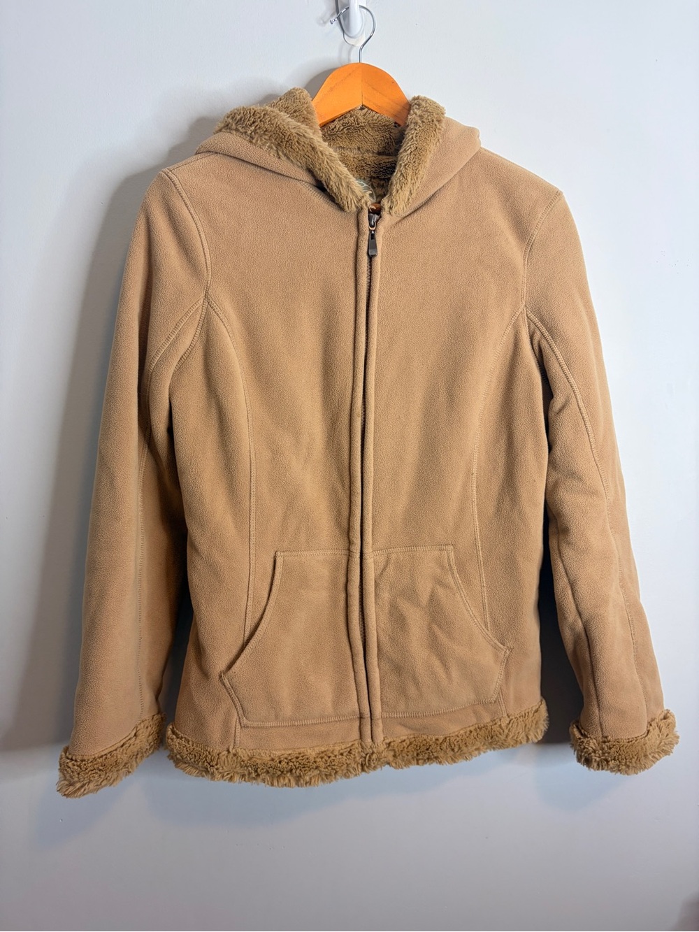 Green Tea Faux-Sherpa Hooded Jacket in Tan Brown Medium